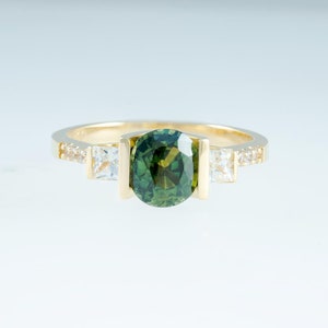 Green Tourmaline and White Sapphire Ring | Sapphire Featuring Cathedral Ring | Delicate Bridal Ring | 9k/14k/18k Rose Gold Ring for her