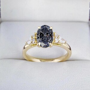 Oval grey moissanite and diamond elegant engagement ring | 14k yellow gold vintage ring | moissanite timeless gift for mother, sister, wife