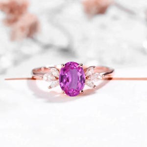 Ovale lichtroze saffier verlovingsring van 9 kt/14 kt/18 kt roségoud of platina | Diamanten bruidsring Marquise van 7 x 5 mm | Geboortesteenring voor haar