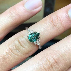 Pear Mint Green Sapphire Engagement Ring Unique Green Sapphire and Diamond Cluster Ring Wedding bridal Ring 9k/14k/18k White Gold Ring image 6