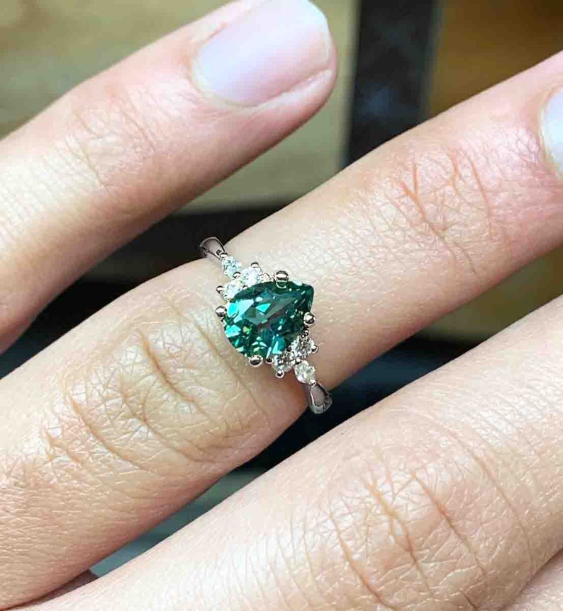 Pear Mint Green Sapphire Engagement Ring Unique Green Sapphire and Diamond Cluster Ring Wedding bridal Ring 9k/14k/18k White Gold Ring image 6