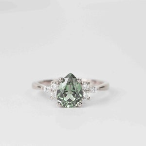 Pear Mint Green Sapphire Engagement Ring Unique Green Sapphire and Diamond Cluster Ring Wedding bridal Ring 9k/14k/18k White Gold Ring image 2