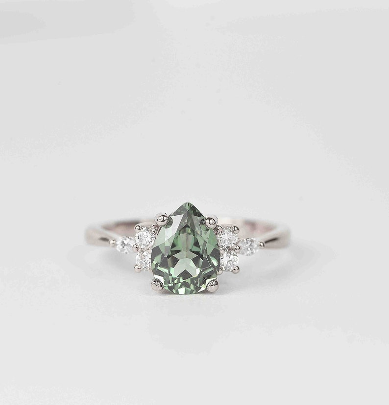 Pear Mint Green Sapphire Engagement Ring Unique Green Sapphire and Diamond Cluster Ring Wedding bridal Ring 9k/14k/18k White Gold Ring image 2