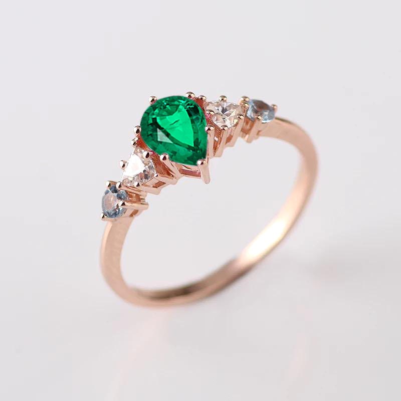 Pear Cut Emerald and Aquamarine Cluster Ring Dainty Diamond | Etsy