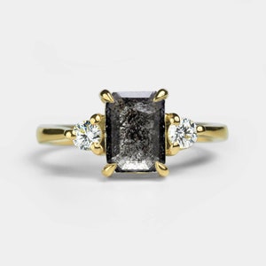 Salt and Pepper Diamond Three Stones Engagement Ring | Emerald Cut Grey Diamond Art deco Ring | Dainty Multi-Stone Ring| Bridal Promise Ring