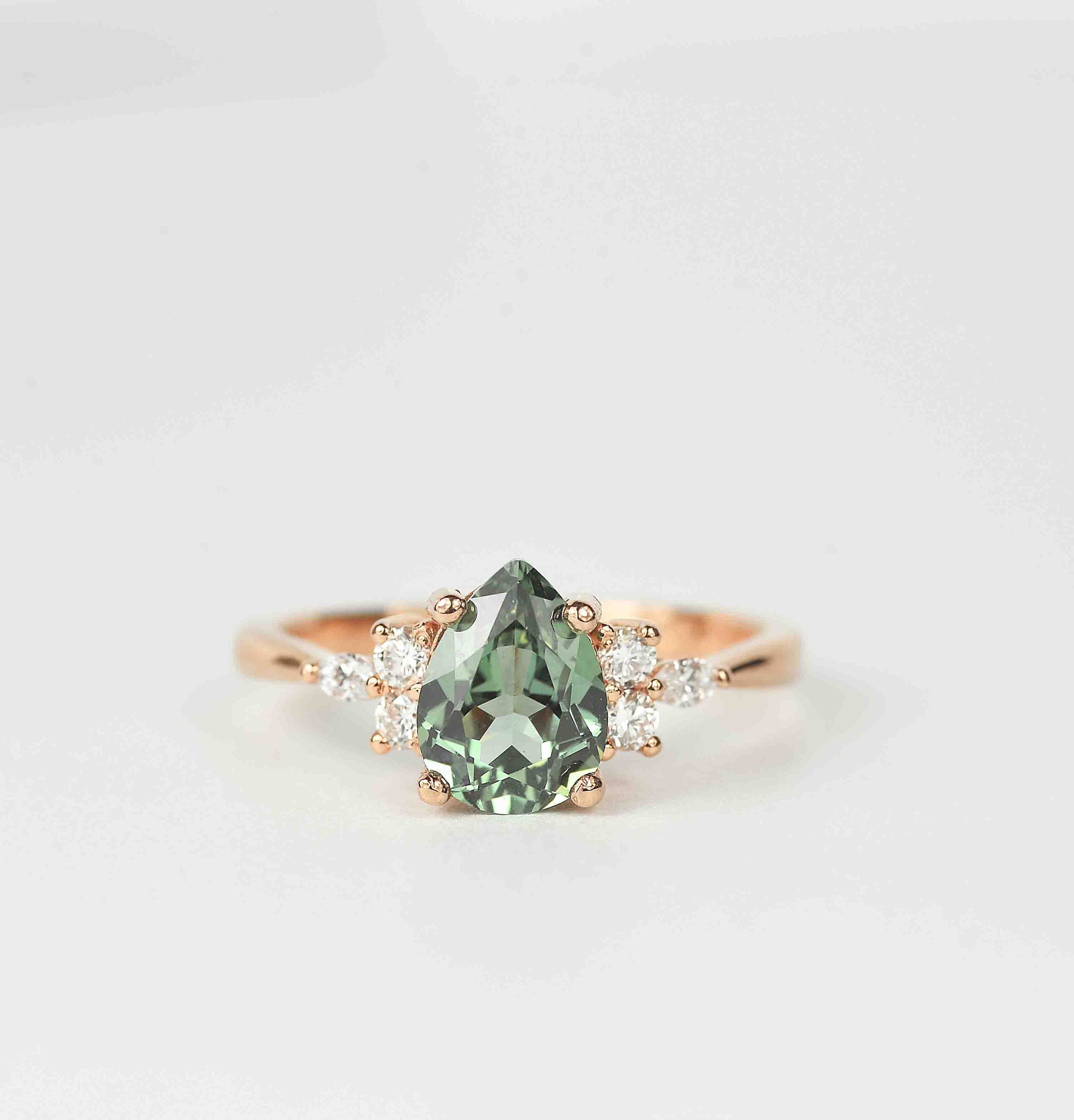 Pear Cut Green Sapphire Engagement Ring | Unique Green Sapphire and Diamond Cluster Ring | Wedding bridal Ring | 9k/14k/18k Rose Gold Ring