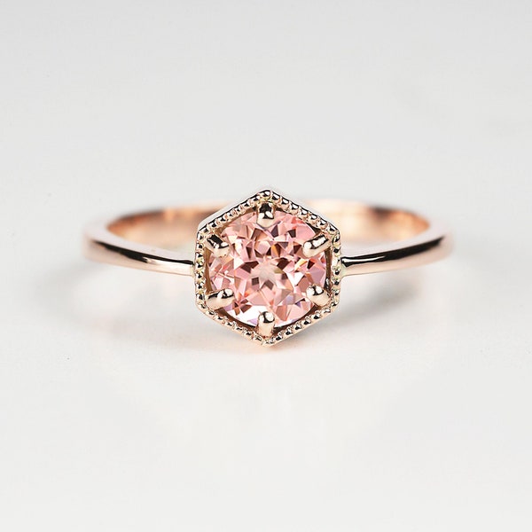 Peach Sapphire Hexagon Dainty Ring | Hexagon Shape Vintage Peach Sapphire Rose Gold Ring | 9k/14k/18k Art deco Anniversary Ring for her