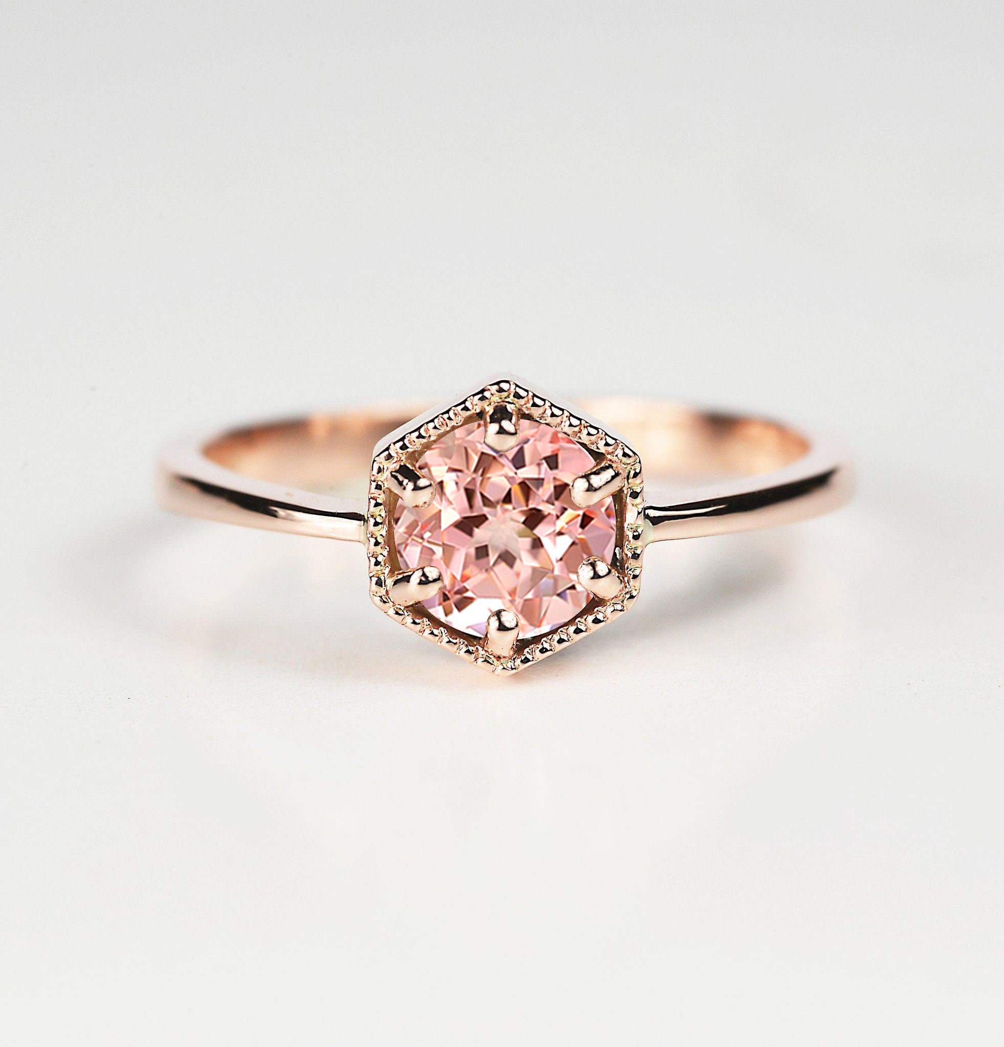 Anel delicado hexágono safira pêssego | Anel de ouro rosa de safira pêssego vintage em forma de hexágono | Anel de aniversário Art Déco 9k/14k/18k para ela