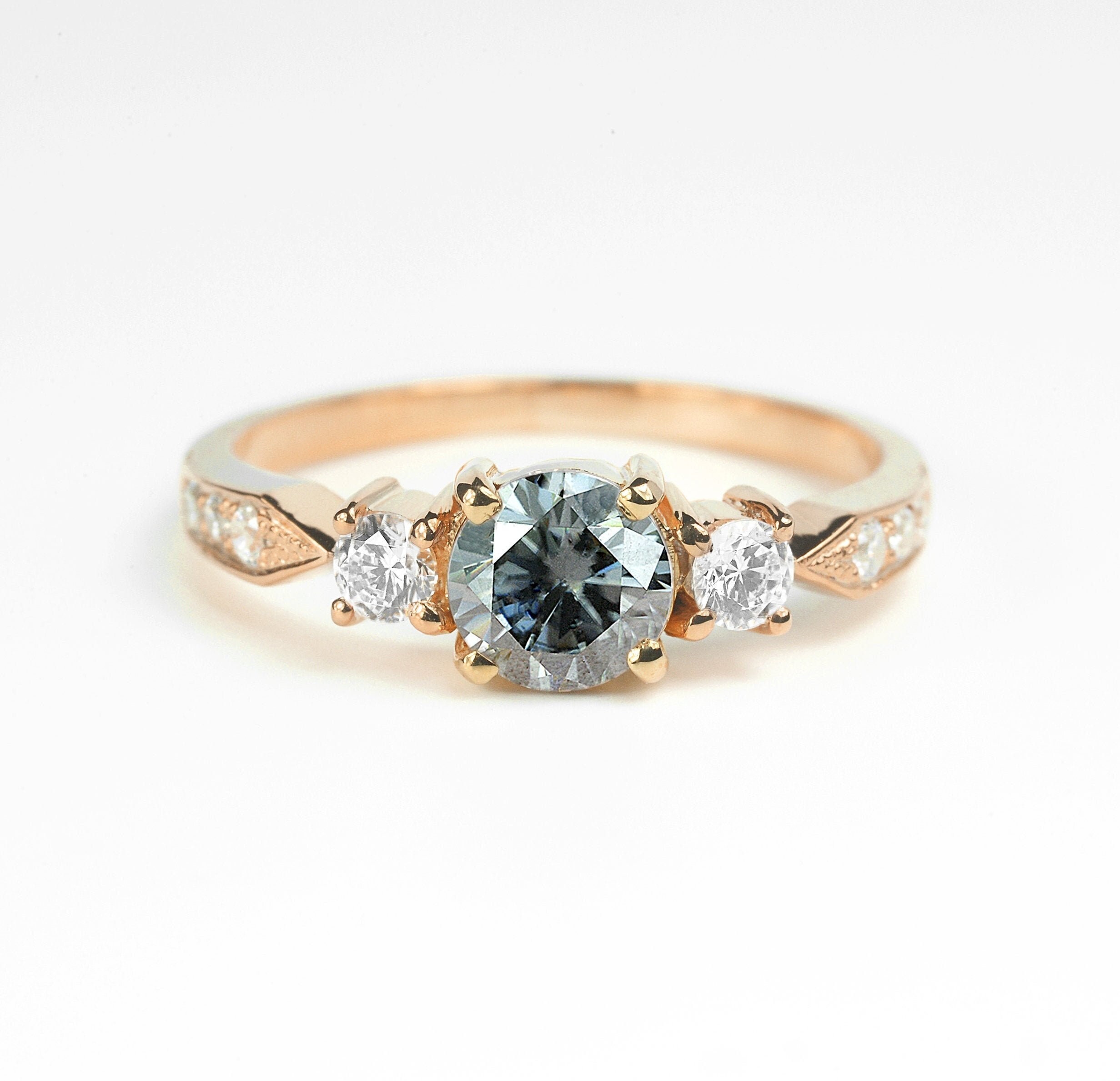 Grey Moissanite and Diamond Promise Ring | Classy Art deco Grey Moissanite Ring | Dainty Ring in 9k/14k/18k Rose Gold or Platinum for her