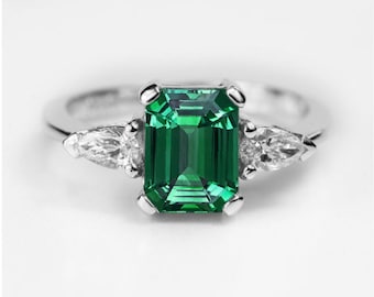 Emerald Cut Natural Emerald and Pear Diamond Engagement Ring | Unique Dainty Emerald Ring in 9k/14k/18k White Gold | Dainty Ring for Women