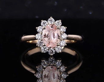 Oval Morganite Halo Ring: Diamond Cluster, Yellow Gold Promise Ring
