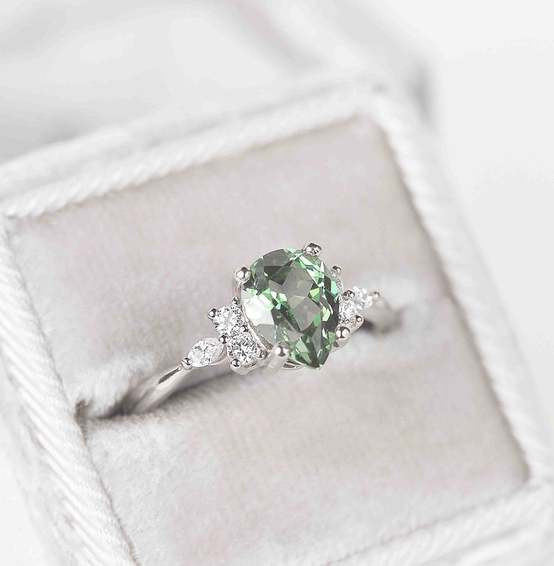 Pear Mint Green Sapphire Engagement Ring Unique Green Sapphire and Diamond Cluster Ring Wedding bridal Ring 9k/14k/18k White Gold Ring image 7