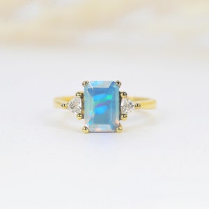 Art Deco White Opal Engagement Ring | Emerald Cut Vivid Opal Minimalist Ring | Bespoke Three Stones Ring in 9k/14k/18k Yellow Gold for her