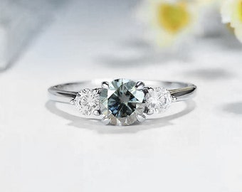Grey Moissanite Engagement Ring: Round Grey Moissanite Diamond Art Deco White Gold Ring | 6mm Moissanite Vintage Style Ring for her