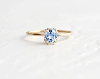 Cushion Cut Aquamarine Art deco Ring | Unique Aquamarine Bridal Promise Dainty Ring | Dainty 9k/14k/18k Rose, Yellow, White Gold Ring