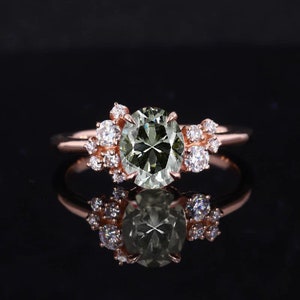 Oval Grey Moissanite Engagement Ring: Diamond Accent, Solid Gold