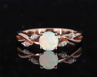 Vivid White Opal and Marquise Diamond Engagement Ring | Split Shank Dainty Wedding Bridal Art Deco Ring | Vintage Anniversary Ring for her