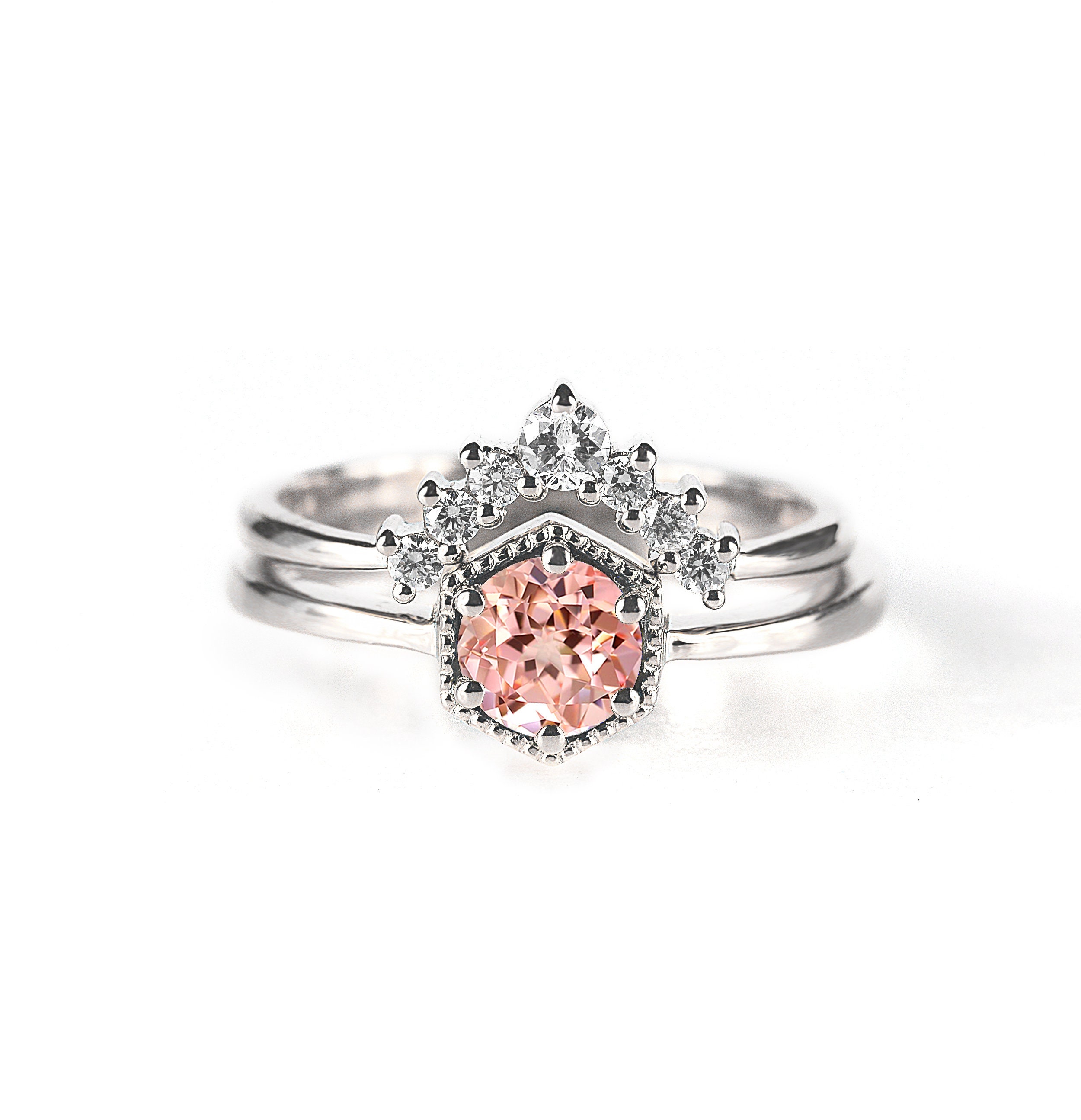 Peach Sapphire Hexagon Ring with Diamond Wedding Band Etsy