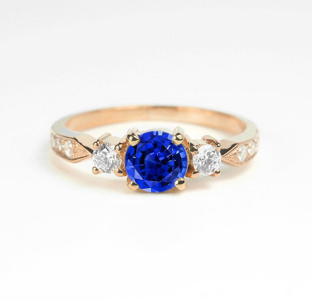 Blue Sapphire and Diamond Promise Ring Classy Art Deco Blue Sapphire