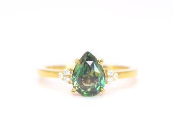 Anillo de compromiso Art Déco en oro rosa con zafiro verde azulado en forma de pera natural y diamantes / Regalo de zafiro de Montana para mamá, esposa o novia