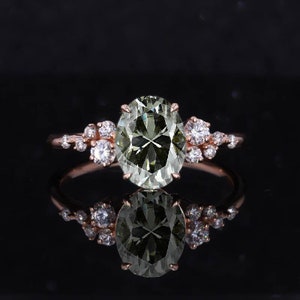 Oval Grey Moissanite and Round Diamond Engagement Ring | Dainty Engagement Ring in 9k/14k/18k Solid Rose, Yellow or White Gold for her