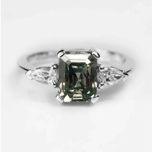Emerald Cut Grey Moissanite and Pear Diamond Engagement Ring | Unique Grey Moissanite Ring in 9k/14k/18k White Gold | Dainty Ring for her