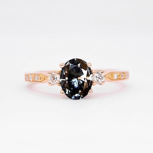 Oval grey moissanite art deco engagement ring |Vintage engagement ring | Moissanite and diamond vintage ring | Unique anniversary gift ring