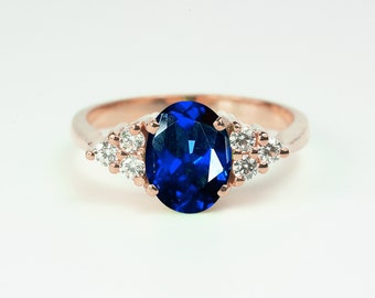 Anillo de compromiso con zafiro azul ovalado / Anillo de zafiro azul vintage / Anillo art déco / Anillo de bodas de oro rosa / Anillo de aniversario con zafiro azul