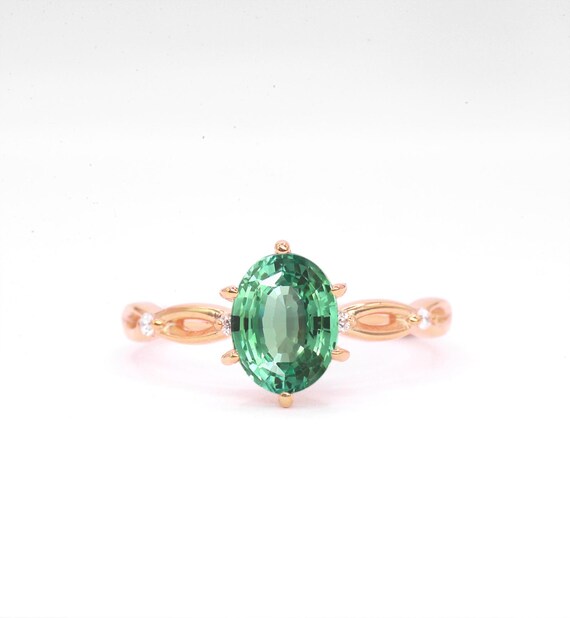 Mint Green Sapphire Engagement Ring: Art Deco Diamond Rose Gold