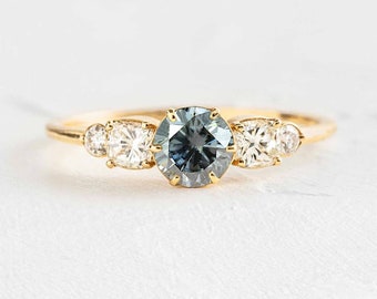 Art Deco Grey Moissanite Engagement Ring: Diamond Accent, Handmade Gold Promise Ring