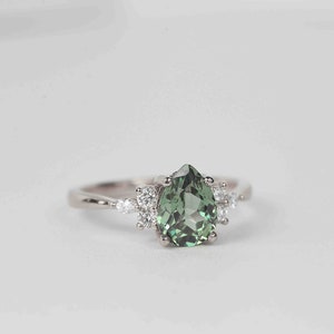 Pear Mint Green Sapphire Engagement Ring Unique Green Sapphire and Diamond Cluster Ring Wedding bridal Ring 9k/14k/18k White Gold Ring image 3