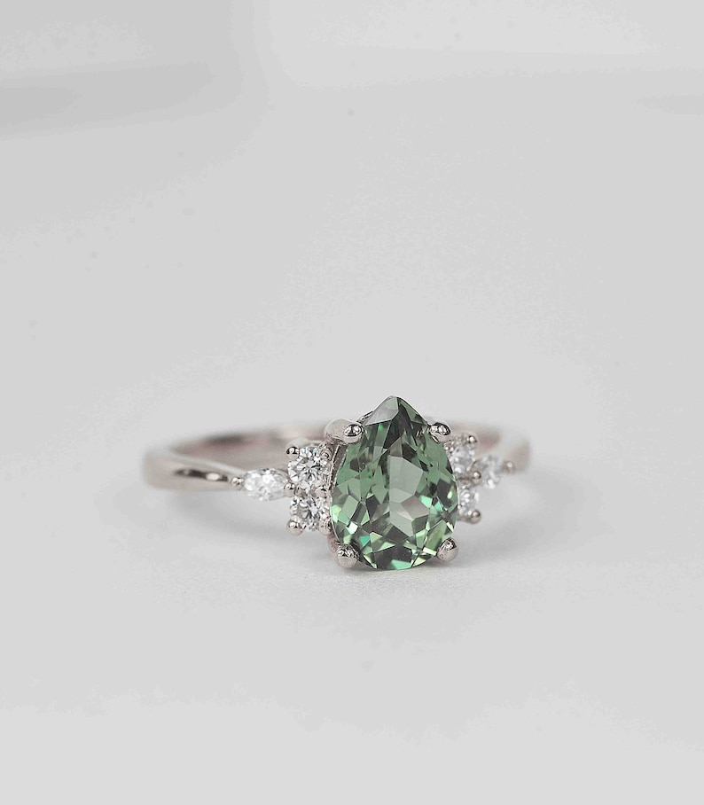 Pear Mint Green Sapphire Engagement Ring Unique Green Sapphire and Diamond Cluster Ring Wedding bridal Ring 9k/14k/18k White Gold Ring image 3