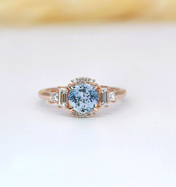 Aquamarine anniversary gift ring Round aquamarine and diamond ring for  her Natural aquamarine cluster ring Hallmarked rose gold ring