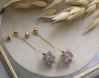 Earrings YURAGI - Gray glass beads / Studs & Chaine Earrings 14k Gold Filled