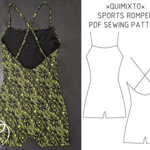 PDF SEWING PATTERN, Sports romper/ One piece swimsuit with shorts. Short & long torso image 1