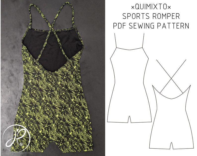 PDF SEWING PATTERN, Sports romper/ One piece swimsuit with shorts. Short & long torso image 1