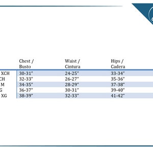 May include: A chart showing size conversions for women's clothing in inches. The chart includes sizes XS through XL, with corresponding measurements for chest, waist, and hips.