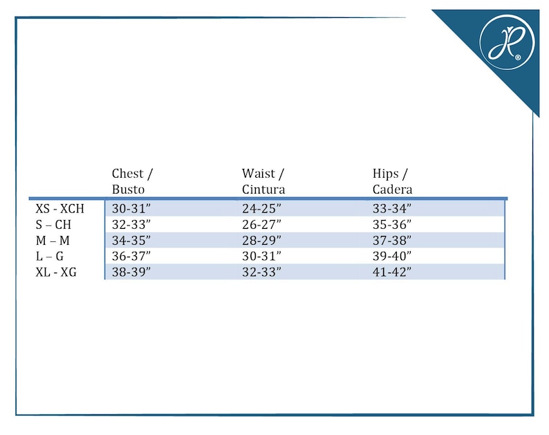May include: A chart showing size conversions for women's clothing in inches. The chart includes sizes XS through XL, with corresponding measurements for chest, waist, and hips.