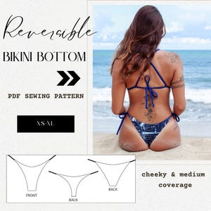 Op de afbeelding: Een PDF-naai-patroon voor een omkeerbare bikinibroek. Het patroon bevat instructies voor zowel een cheeky als een medium dekking. Het patroon is verkrijgbaar in de maten XS-XL.