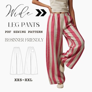 Könnte beinhalten: Schnittmuster für weite Hosen. Das Bild zeigt eine Hose mit weitem Bein und vertikalen Streifen in Rosa und Creme. Der Text auf dem Bild lautet "Wide Leg Pants PDF Sewing Pattern Beginner Friendly" und "XXS-XXL".