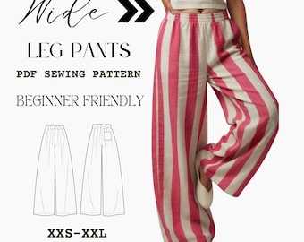 Patrón de Costura PDF Pantalones Anchos | Palazzo Para Principiantes | Cintura Elástica  | Licencia Comercial | Pants Facil de coser.