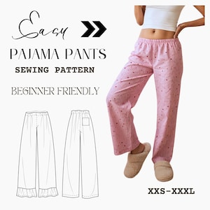 May include: Pink pajama pants with vertical stripes and small heart patterns. The image also shows a sewing pattern for pajama pants, with the text "Easy Pajama Pants Sewing Pattern Beginner Friendly". Sizes available are XXS-XXXL.