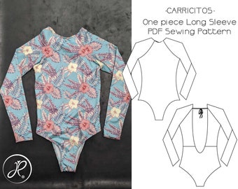 PDF SEWING PATTERN, *Carricitos* One piece long sleeve swimsuit (surfsuit and leotard) with open back Medium and Full coverage