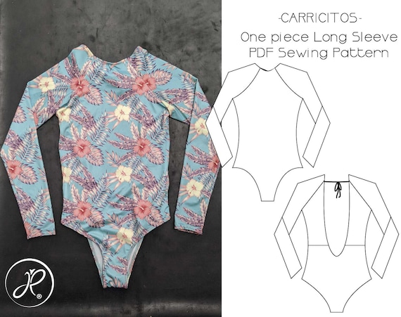 DIY - PDF sewing pattern, *Carricitos* One piece long sleeve swimsuit (surfsuit and leotard) with open back Medium and Full coverage