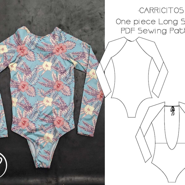 PDF SEWING PATTERN, One piece long sleeve swimsuit (surf suit) with open back *Carricitos* Medium and Full coverage