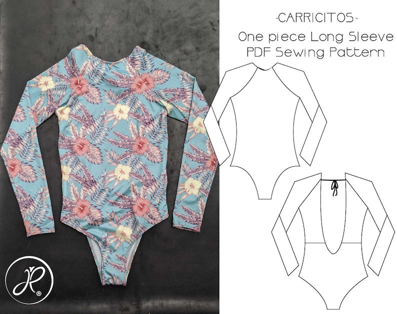 May include: A blue long-sleeve one-piece swimsuit with a floral print. The image also shows a line drawing of the swimsuit pattern. The text on the image reads "Carricitos - One piece Long Sleeve PDF Sewing Pattern".