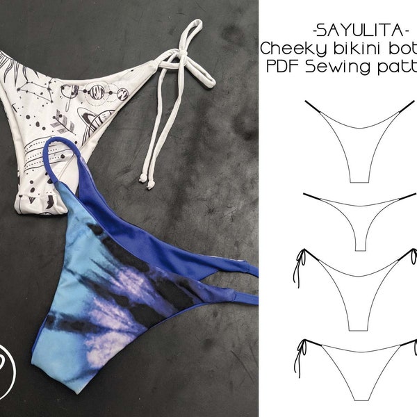 PDF SEWING PATTERN, Reversible high leg, strings bikini bottom, cheeky and medium coverage