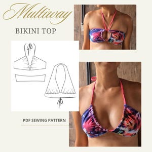 Puede incluir: Un patrón de costura de bikini de múltiples posiciones con un estilo halter y un lazo en la espalda. El patrón se muestra en una modelo que lleva un bikini de colores.