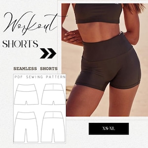 Może przedstawiać: Wzór szycia PDF na bezszwowe spodenki treningowe. Wzór zawiera cztery różne widoki spodenek, pokazujące widok z przodu, z tyłu i z boku. Wzór jest dostępny w rozmiarach XS-XL.