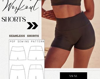 DIY初心者向けパターン、PDF縫製パターン、ワークアウトショーツ、ショートパンツ、ハイウエスト、シームレス